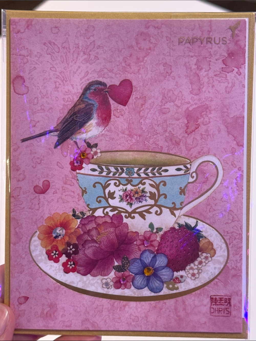 Papyrus Pink Bird & Floral Teacup Card with Gold Accents